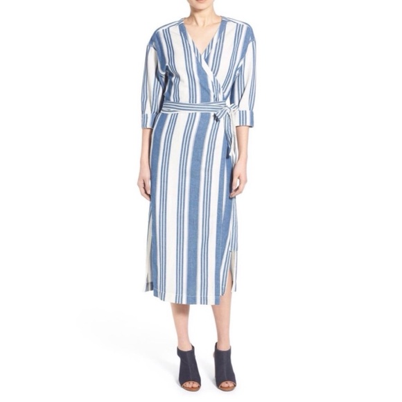 Madewell Cotton Linen Blend Linn Stripe Wrap Midi Dress - Picture 4 of 12